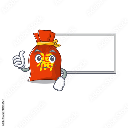 cute chinese money bag Scroll cartoon character Thumbs up with board