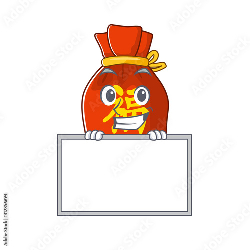 Chinese money bag Scroll cartoon character style grinning with board