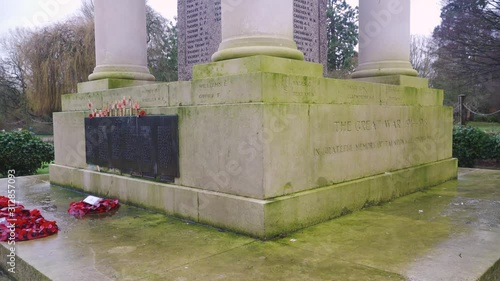 TAUNTON, SOMERSET, ENGLAND, December 27, 2019: Vivary park war memorial. Close up of the base of the monument. In greatfull memory of Taunton glorious dead. photo