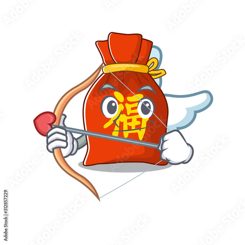 Cute chinese money bag Scroll Cupid cartoon character with arrow and wings
