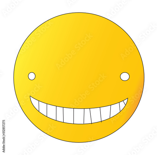 Creepy grin emoji. Yellow face emoticon with small white eyes and a wide creepy smile.