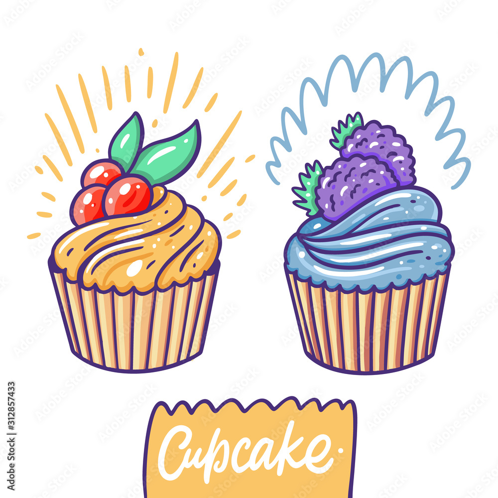 Cupcakes with cranberry and blackberry. Hand drawn vector illustration. Flat cartoon style. Cupcakes with cranberry and blackberry. Hand drawn vector illustration. Flat cartoon style.
