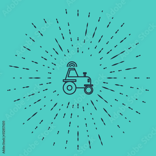 Black line Self driving wireless tractor on a smart farm icon isolated on green background. Smart agriculture implement element. Abstract circle random dots. Vector Illustration