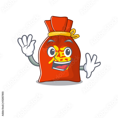 Waving cute smiley chinese money bag Scroll cartoon character design
