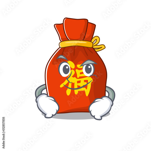 Cool chinese money bag Scroll mascot character with Smirking face