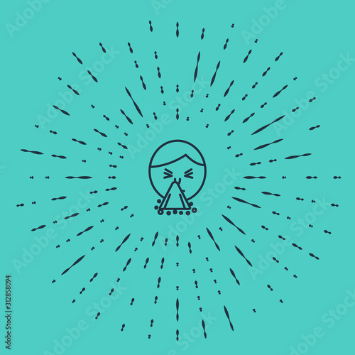 Black line Man holding handkerchief or napkin to his runny nose icon isolated on green background. Coryza desease symptoms. Abstract circle random dots. Vector Illustration