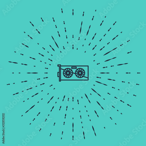 Black line Video graphic card icon isolated on green background. Abstract circle random dots. Vector Illustration