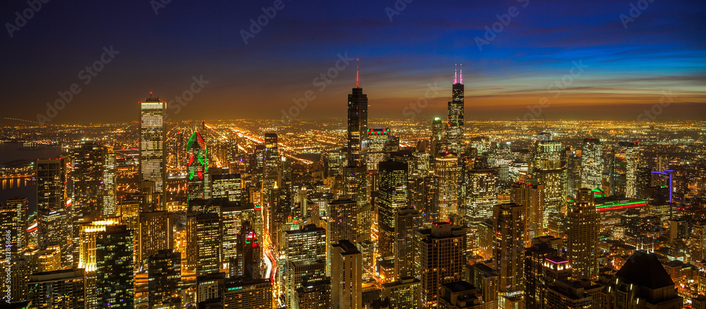 Aerial Downtown Chicago at Twilight