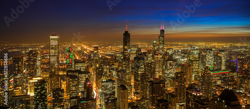 Aerial Downtown Chicago at Twilight