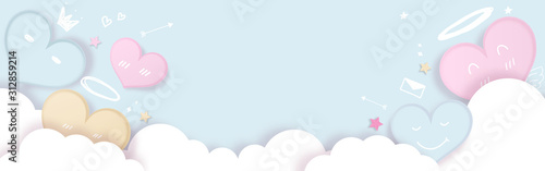 Cute pastel hearts decorated with clouds and elements for love, drawing style on light blue background.  Vector illustration.