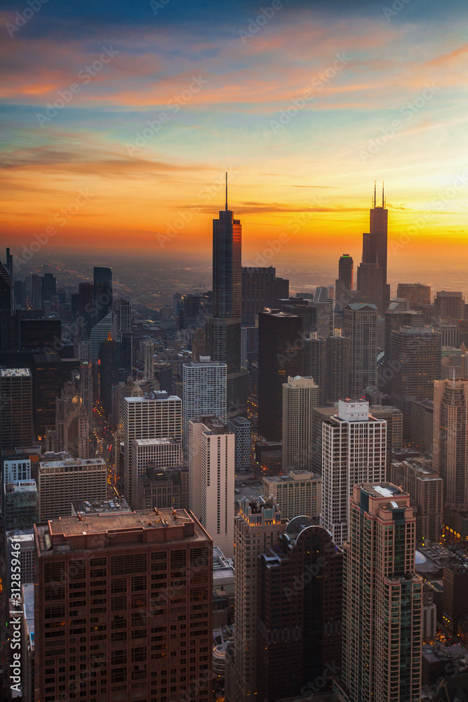 Aerial view of Chicago at sunset