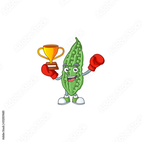 Super cool Boxing winner bitter melon in mascot cartoon style