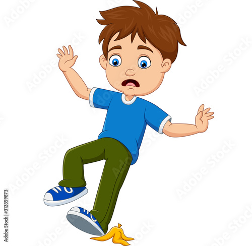 Cartoon little boy slipping on a banana peel