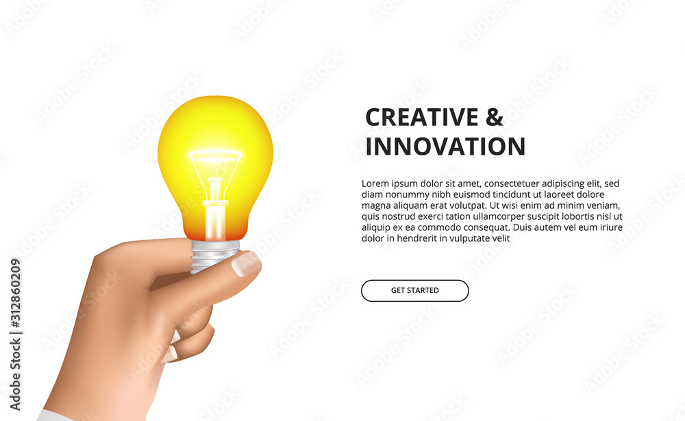 Creative innovation of hand holding 3D light bulb yellow glowing Creative innovation of hand holding 3D light bulb yellow glowing