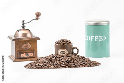 Coffee beans and grinder
