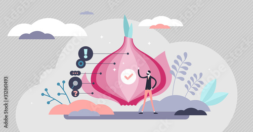 Peeling onion vector illustration. Problem solving in tiny persons concept.