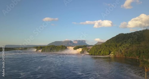 Drone clip over Canaima's lake, in Venezuela, heading to the waterfall photo