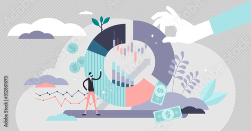 Market share vector illustration. Percentage pie in tiny persons concept.