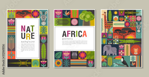Vector collection of trendy creative cards with patchwork mosaic design. Geometric cartoon African animals