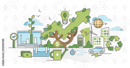 Green business and sustainable energy outline concept vector illustration.