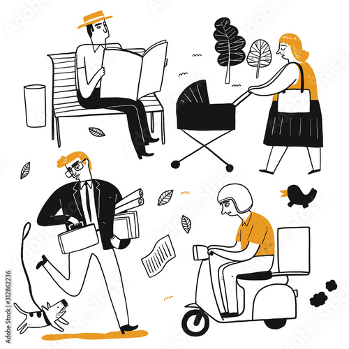 The drawing character of people are read , ride, walk.