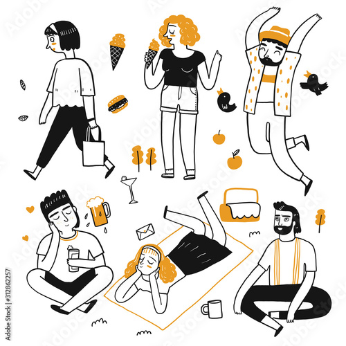 The drawing character of people are kind , eat, quiet, sit.