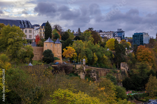 Aerial view of the old town of Luxembourg, UNESCO World Heritage Site, with its ancient wall