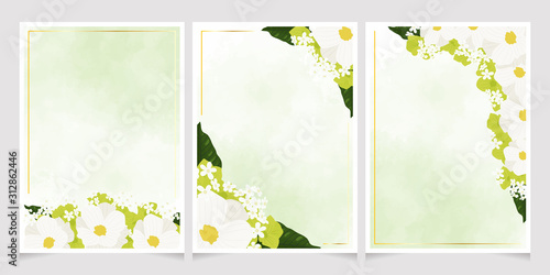 white cosmos and green hydrangea flowers with golden frame on watercolor background 5x7 card template for wedding invitation, valentine, birthday or mother's day collection
