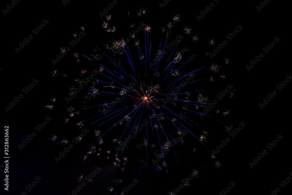 Fireworks for celebrate new year of 2020 isolated on black or dark background at night time. Fireworks for celebrate new year of 2020 isolated on black or dark background at night time.