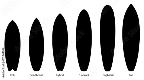 Set of black silhouettes of surfboards, vector illustration photo