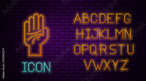 Glowing neon line Palmistry of the hand icon isolated on brick wall background. Neon light alphabet. Vector Illustration