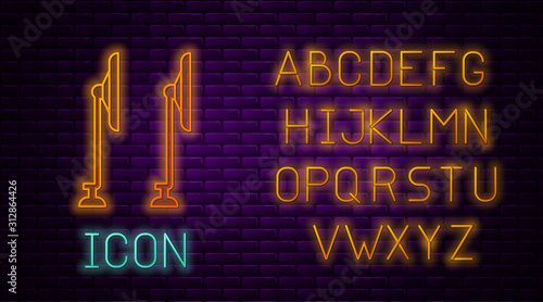 Glowing neon line Windscreen wiper icon isolated on brick wall background. Neon light alphabet. Vector Illustration