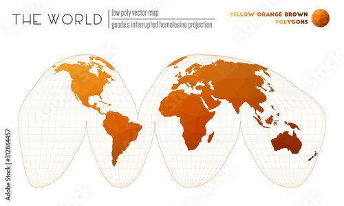 Polygonal world map. Goode's interrupted homolosine projection of the world. Yellow, Orange, Brown colored polygons. Contemporary vector illustration.