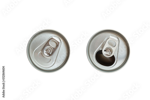 Top view close and open cap of beer or soft drink can isolated on white