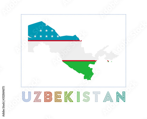 Uzbekistan Logo. Map of Uzbekistan with country name and flag. Charming vector illustration.