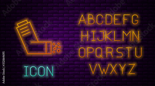 Glowing neon line Inhaler icon on brick wall background. Breather for cough relief, inhalation, allergic patient. Medical allergy asthma inhaler spray. Neon light alphabet. Vector Illustration