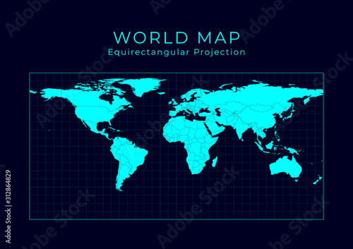 Map of The World. Equirectangular  plate carree  projection. Futuristic Infographic world illustration. Bright cyan colors on dark background. Captivating vector illustration.