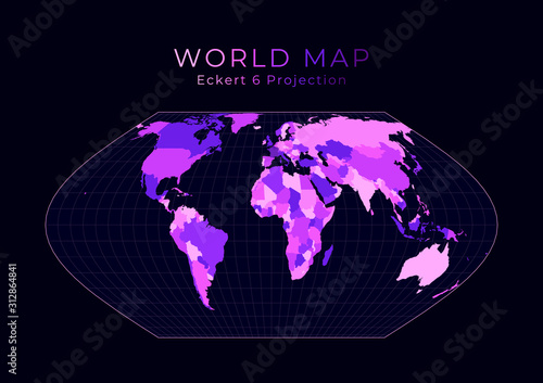 World Map. Eckert VI projection. Digital world illustration. Bright pink neon colors on dark background. Awesome vector illustration.