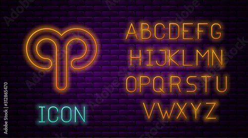 Glowing neon line Aries zodiac sign icon isolated on brick wall background. Astrological horoscope collection. Neon light alphabet. Vector Illustration