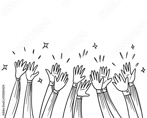 Hand Drawn sketch style of Human hands clapping ovation. applause, thumbs up gesture on doodle style , vector illustration.