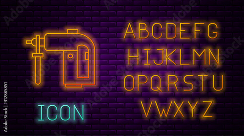 Glowing neon line Electric rotary hammer drill machine icon isolated on brick wall background. Working tool for construction, finishing, repair work. Neon light alphabet. Vector Illustration