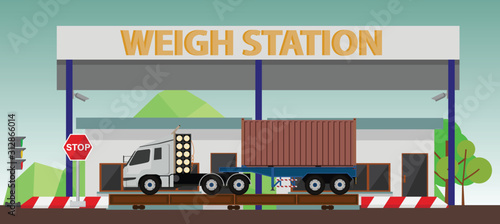 Container truck on the weighing scale at the checkpoint. Before and after transport operations. Transit Check Station.