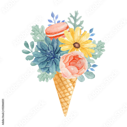 Lovely watercolor floral ice cream with orange macaroon, succulent, rose, yellow daisy and dusty miller leaves