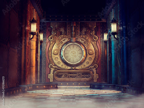 Fantasy scene with a colorful steampunk clock and lamps on the walls. 3D render.