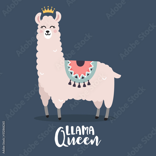 Cute llama cartoon with crown and llama queen quote, Flat vector style