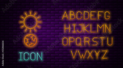 Glowing neon line Solstice icon isolated on brick wall background. Neon light alphabet. Vector Illustration