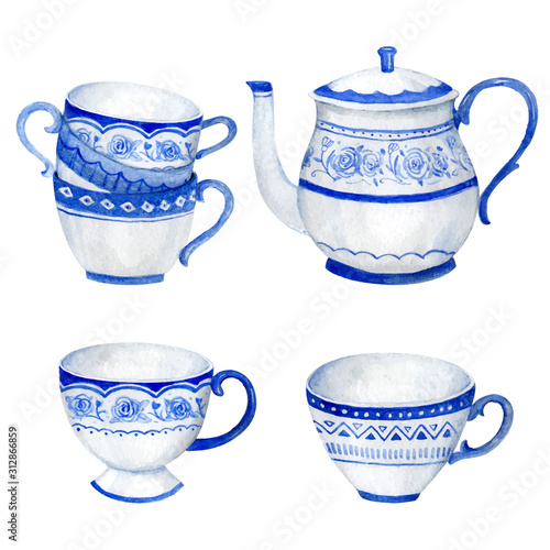 Classic Blue Ceramic teapot and teacup, watercolor hand painted