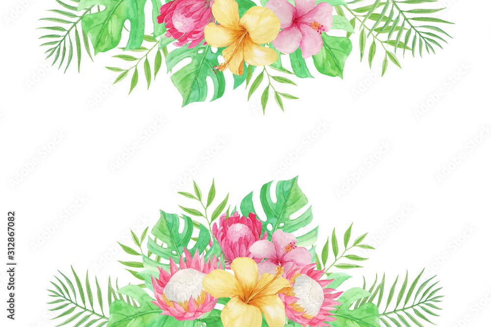Beautiful Tropical Background with, Monstera hibiscus, protea and palm leaves. watercolor floral illustration