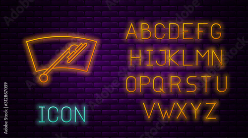 Glowing neon line Windscreen wiper icon isolated on brick wall background. Neon light alphabet. Vector Illustration