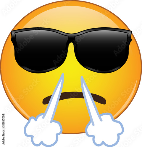 Cool angry emoji face. Yellow face wearing sunglasses with a frowning mouth steam coming out of its nose as a sign of frustration and anger.